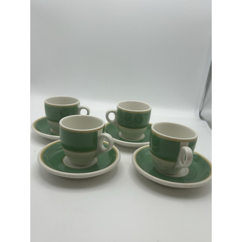 4 Syracuse Demitasse Espresso Cup And Saucers - Green And Gold Restaurant Ware